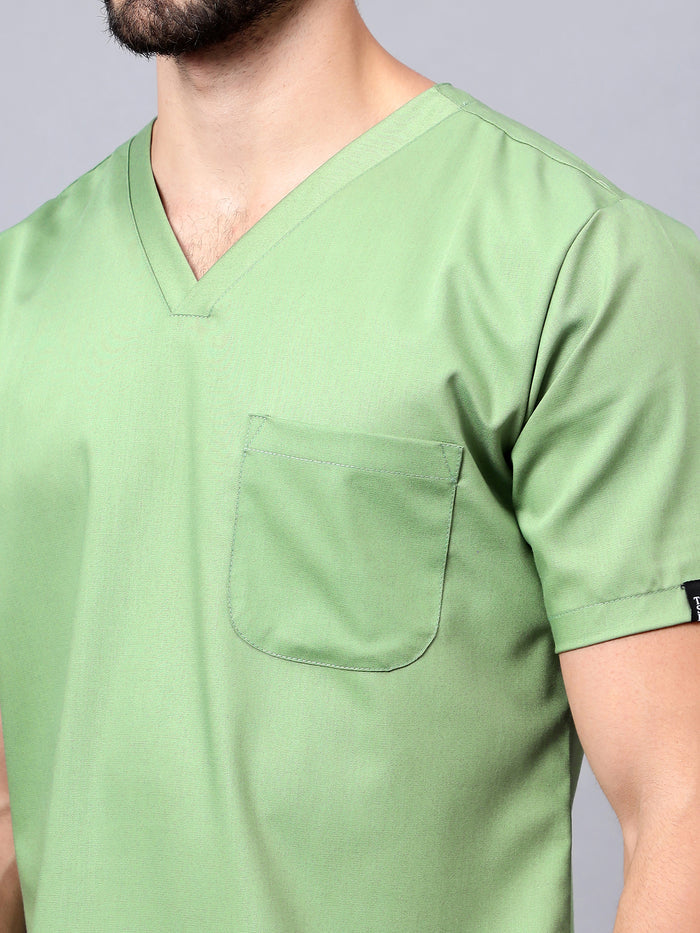 Stretchable (2Way) Men Pista Green V-Neck With Straight Pant Scrub Set