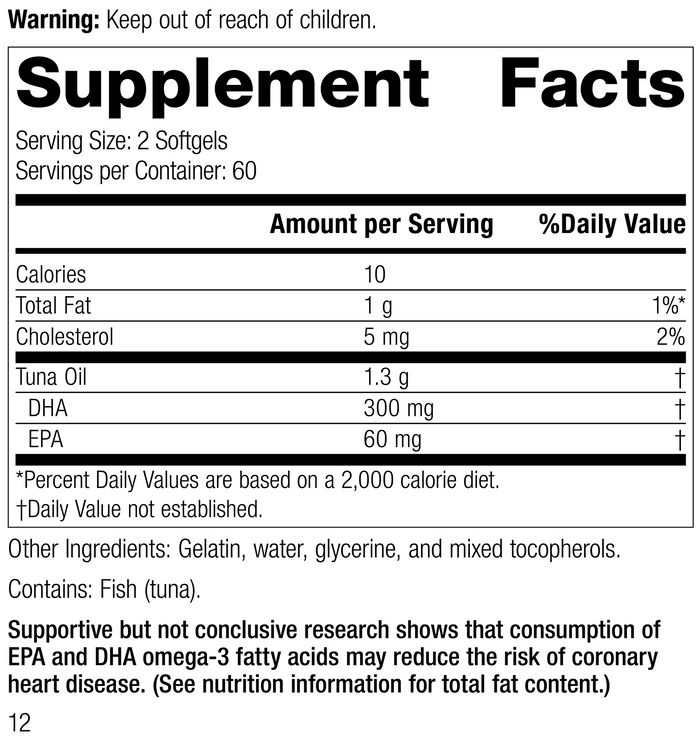Tuna Omega-3 Oil, 120 Softgels Supplement Facts