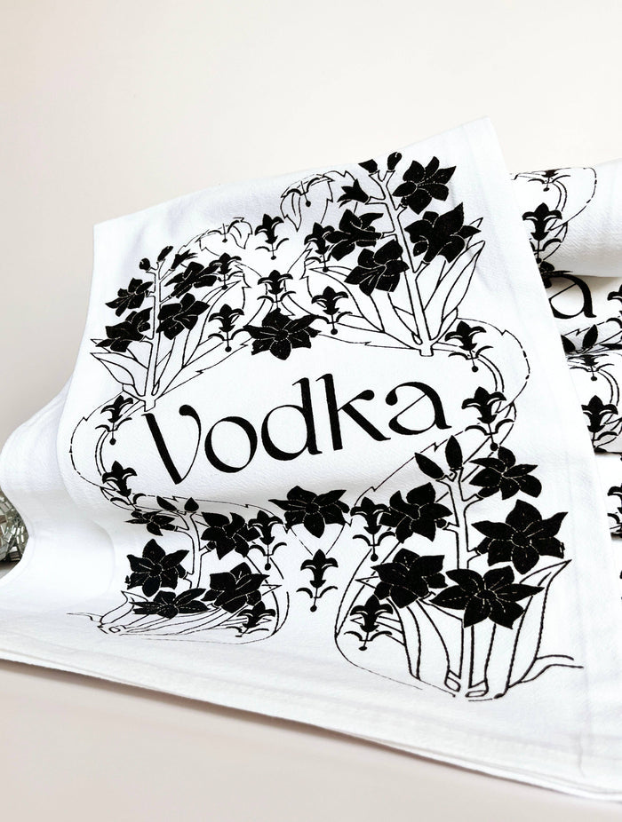 Retro Art Deco bar-themed vodka tea towel from The Coin Laundry, featuring vintage-inspired kitchen towel design.