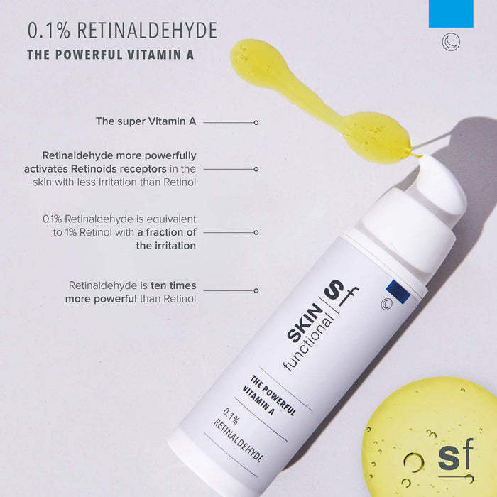 Skincare product with text about retinaldehyde and vitamin A on a light background
