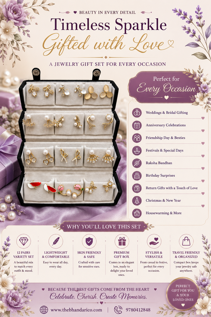 12 Piar Designer Earring Set And Stud With Foldable Storage Box