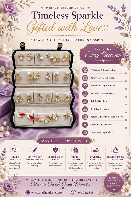 12 Piar Designer Earring Set And Stud With Foldable Storage Box