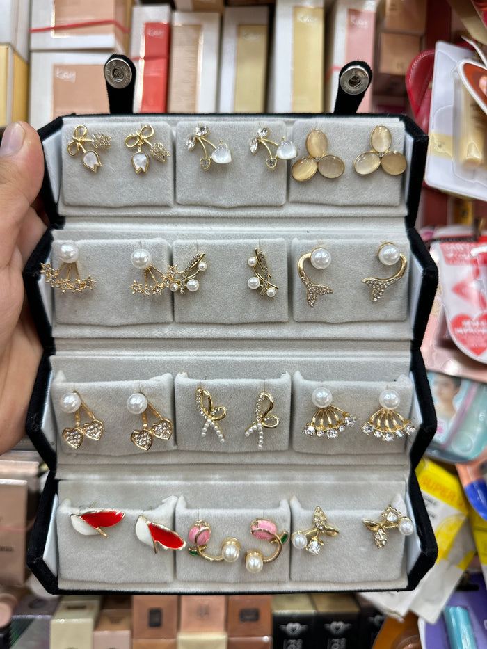 12 Piar Designer Earring Set And Stud With Foldable Storage Box