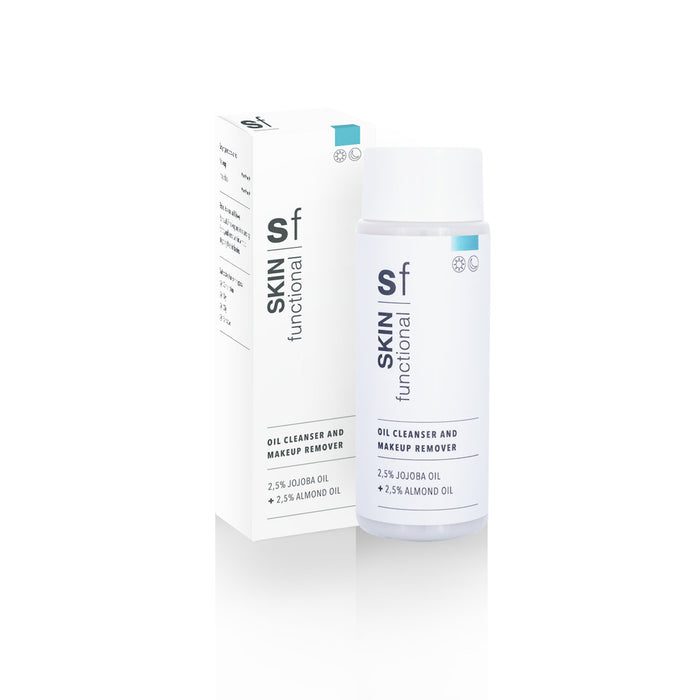 SKIN Functional Oil Cleanser and Makeup Remover with details skincare product on a light gray background