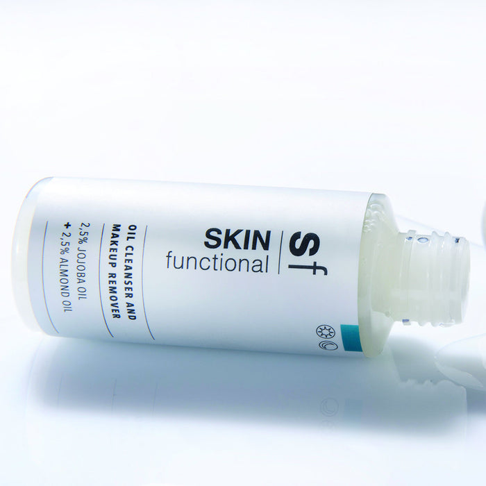 SKIN Functional Oil Cleanser and Makeup Remover with details skincare product on a light gray background