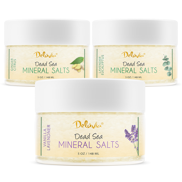 3 Pack of Deluvia Dead Sea Mineral Salts Ginger Citrus, Lavender Eucalyptus, Vanilla Lavender