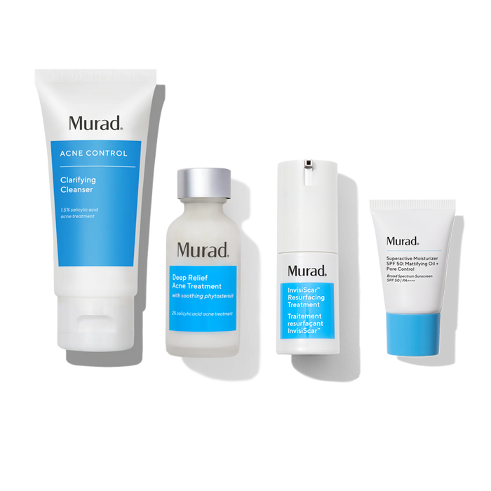 Four Murad skincare products arranged in a row on a white background: Clarifying Cleanser, Deep Relief Acne Treatment, Invisiscar Resurfacing Treatment, and Supramolecular Moisturizer. The products feature white packaging with bright blue labels and silver or white caps.