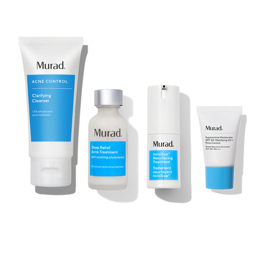 Four Murad skincare products arranged in a row on a white background: Clarifying Cleanser, Deep Relief Acne Treatment, Invisiscar Resurfacing Treatment, and Supramolecular Moisturizer. The products feature white packaging with bright blue labels and silver or white caps.
