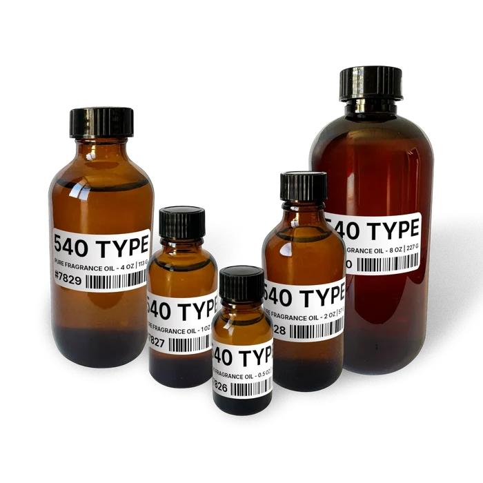 540 Type Pure Fragrance Oil - 1 lb | 454 g bottle image for Pure Fragrance Oil 1 lb. Composite bottle lineup showing 0.5 oz, 1 oz, 2 oz, 4 oz, and 8 oz sizes.