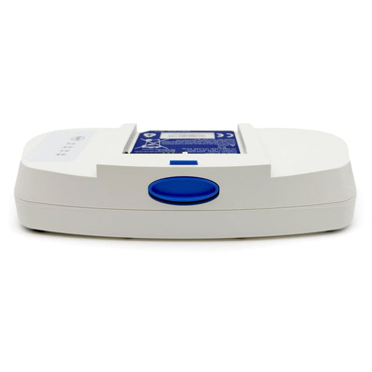 White electronic device with a blue button on a white background