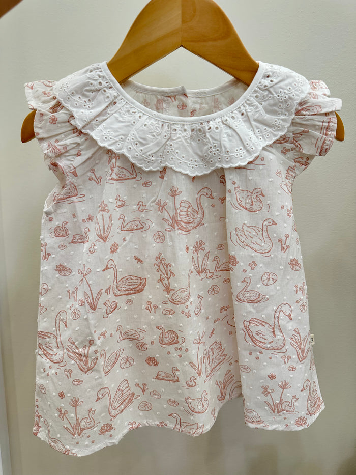 Swan Toile Dress w/ Eyelet Neck