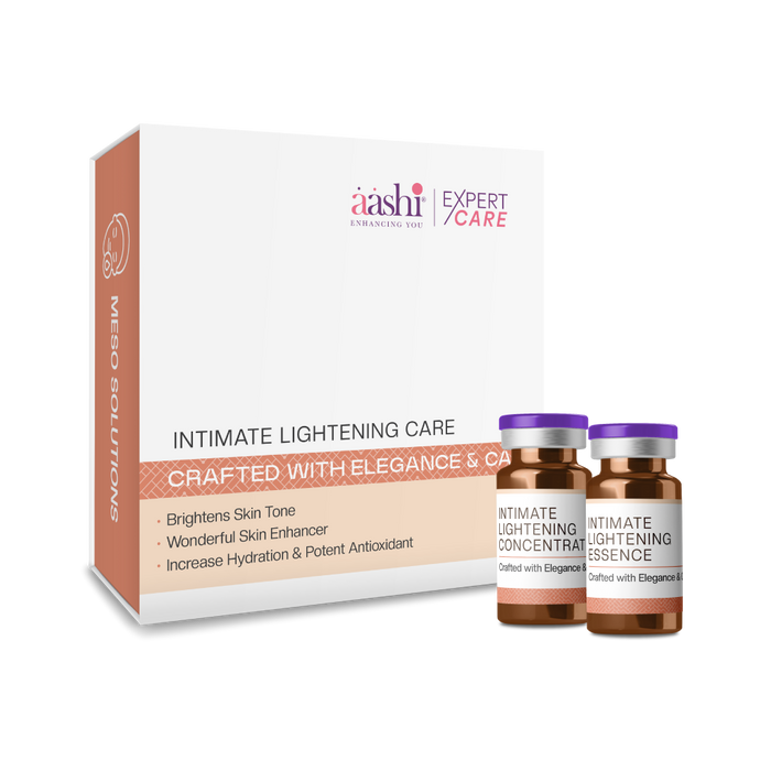Aashi Intimate Lightening Care treatment showcasing the soothing formula designed for brightening and even skin tone of sensitive intimate areas. This product features natural ingredients for enhanced skin comfort.
