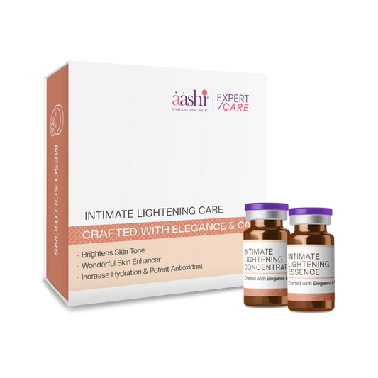 Aashi Intimate Lightening Care treatment showcasing the soothing formula designed for brightening and even skin tone of sensitive intimate areas. This product features natural ingredients for enhanced skin comfort.