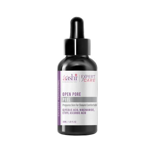 Aashi Open Pore Peel 30ml is seen prominently in this image, showcasing its effectiveness as an Aashi Chemical Peel, designed for oily skin to minimize pores and enhance skin texture. This Chemical Peel is ideal for those looking to treat open pores.