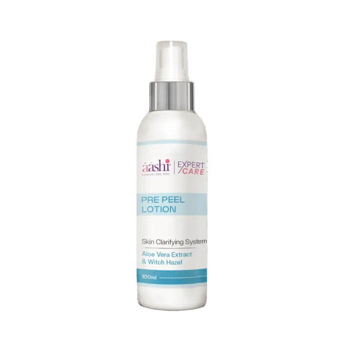 Aashi Pre-Peel Lotion 100ml is a skin clarifying system designed for deep cleansing and prep before peeling treatments, featuring Aloe Vera Extract, Witch Hazel, and Glycolic Acid to eliminate dirt and excess oil.