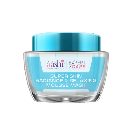 Aashi Super Skin Radiance & Relaxing Mousse Mask 15gm showcasing the luxurious hydrating formula designed to brighten and even out skin tone, featuring key ingredients like Durvillaea Antartica Extract and Sea Buckthorn Oil.