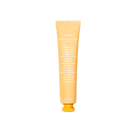 ABIB Glutathiosome Cream Vita Tube is a brightening face cream formulated with 5% Glutathiosome to help prevent melanin production and improve uneven skin tone. Powered by Niacinamide and PlusSome® Vitamin C, it helps care for dark spots while Panthenol and Hyaluronic Acid support smoother texture, hydration, and elasticity. The silky gel-cream texture absorbs comfortably without heaviness.