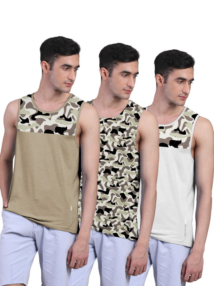 Active Fit For Men's Front Yoke Camouflage Regular Organic Bamboo Vest - Active Fit (Pack of 3)