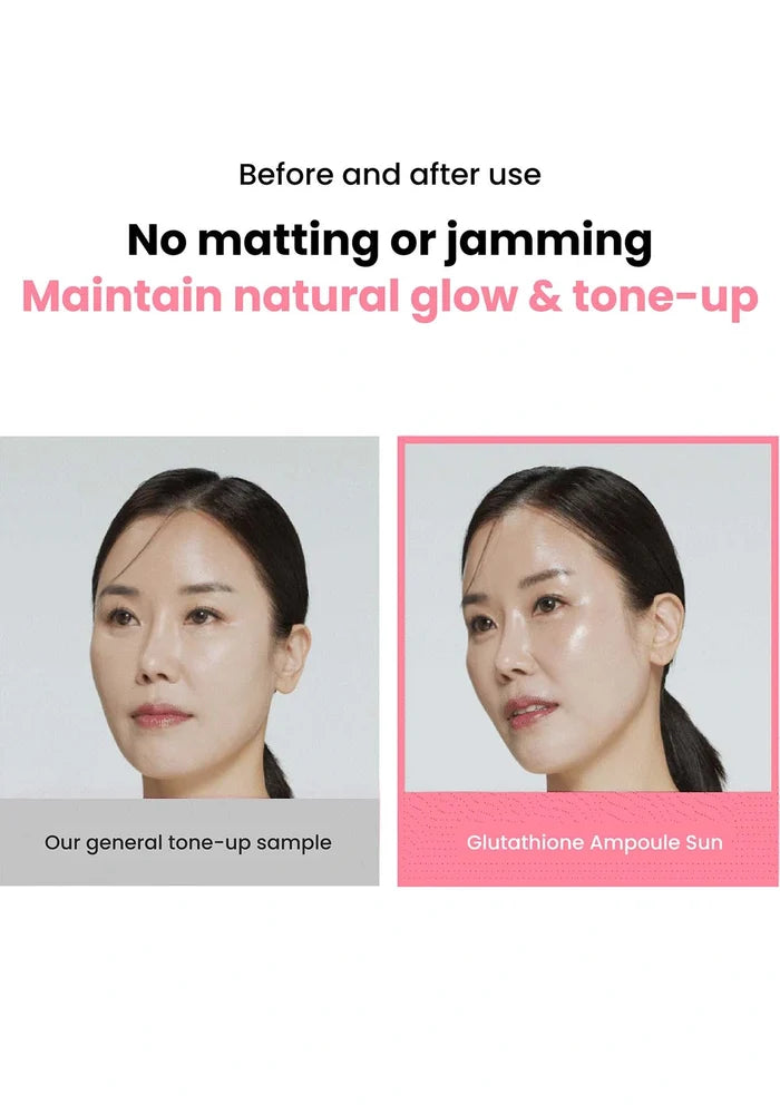 Before and after comparison of a woman's face with text highlighting product effects on skin.