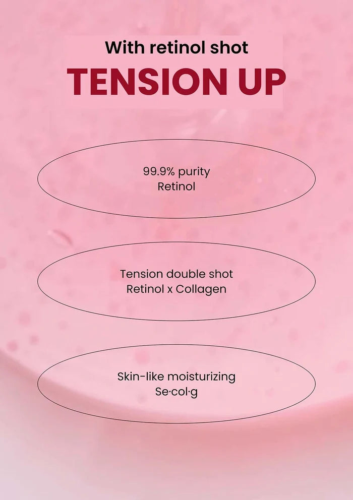Product advertisement with text about retinol content and benefits on a pink background