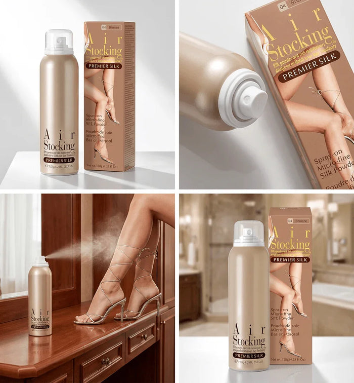 Air Stocking Premier Silk spray for legs, with product can, packaging, and usage on legs