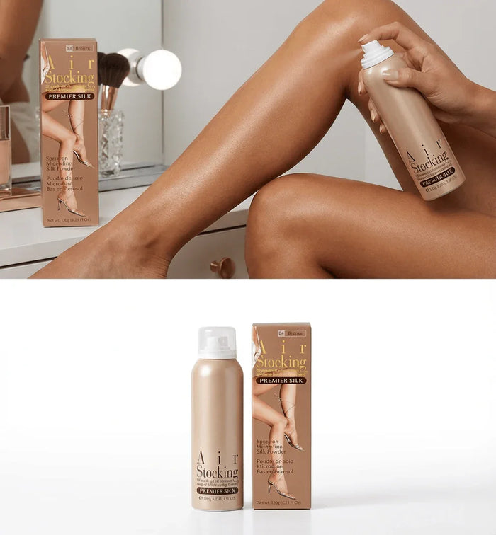 Air Stocking Premier Silk spray for legs, product can and box, leg application