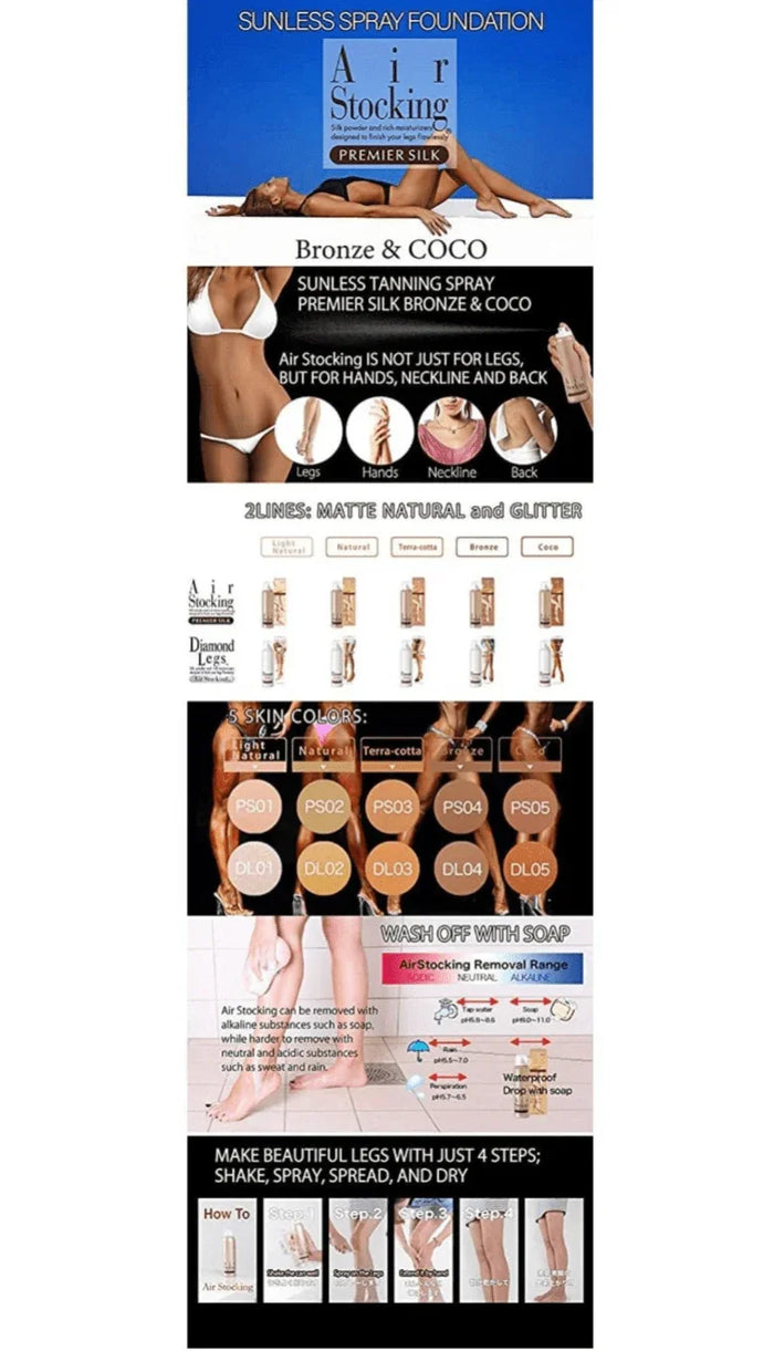 Air Stocking Premier Silk spray for legs, sunless tanning makeup, various shades shown.