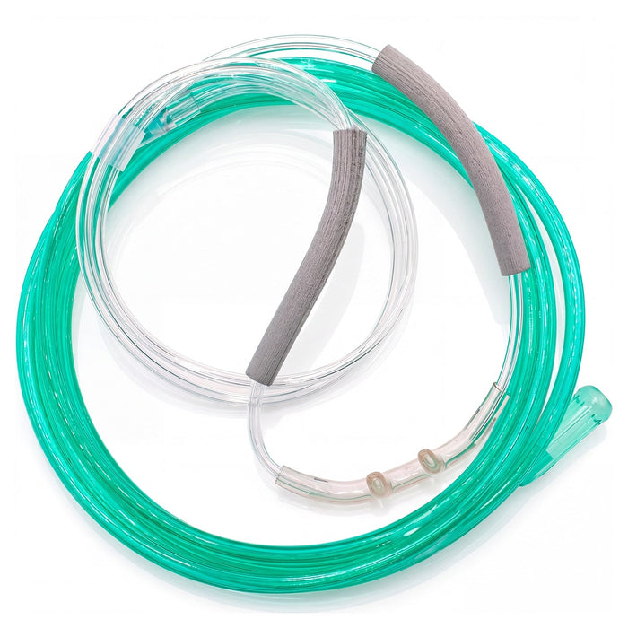 Coiled green and clear tube with gray ends on a white background