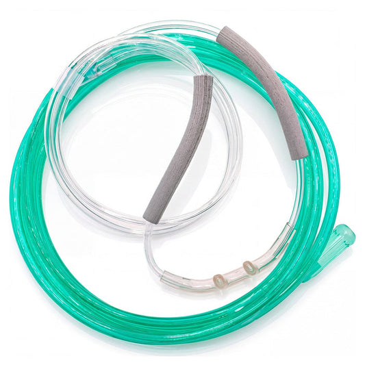 Coiled green and clear tube with gray ends on a white background