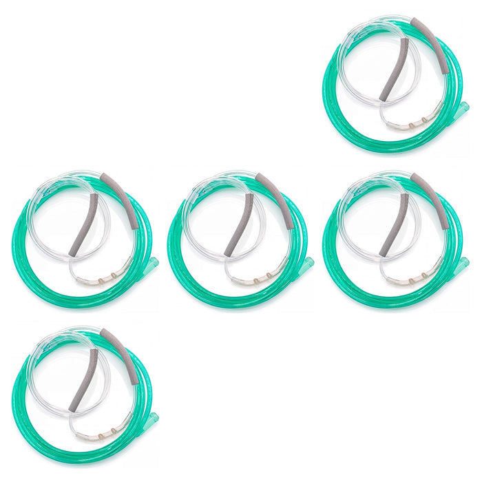 Five green oxygen nasal cannulas with ear wraps, arranged in a grid.