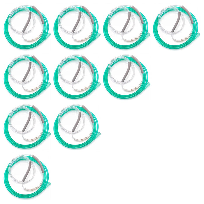 Ten green oxygen nasal cannulas with ear wraps, arranged in a grid.