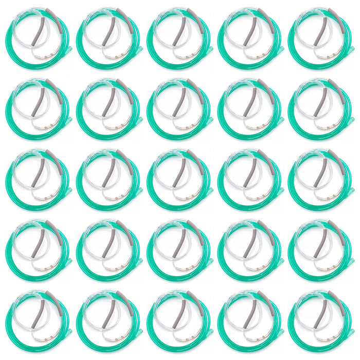 Twenty Five green oxygen nasal cannulas with ear wraps, arranged in a grid.