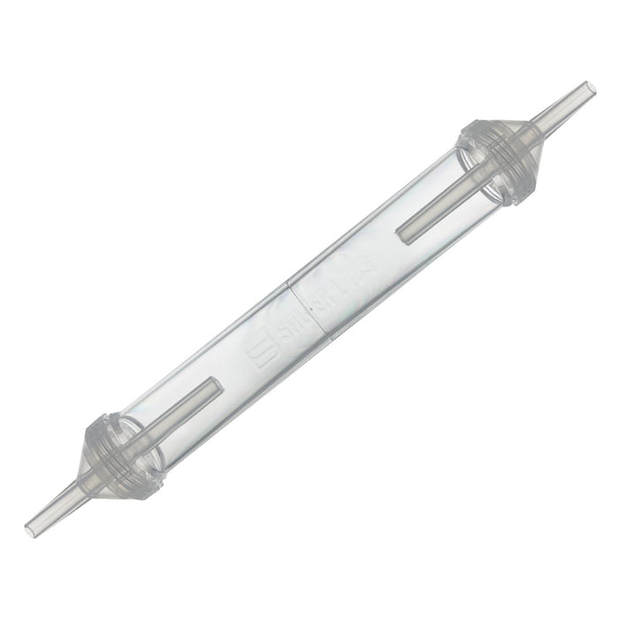 A Salter Inline Water Trap for Standard Oxygen Tubing, featuring a clear body with threaded endcaps.