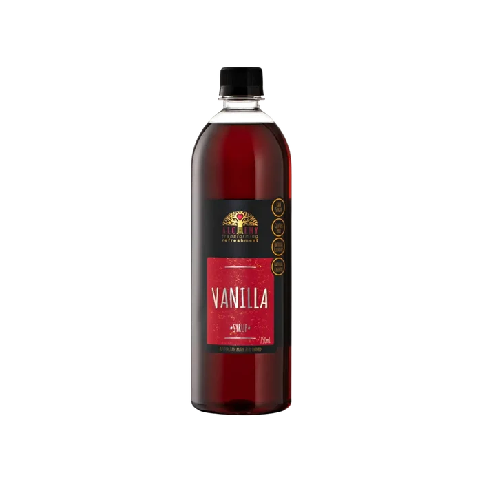 Bottle of vanilla syrup with a red label