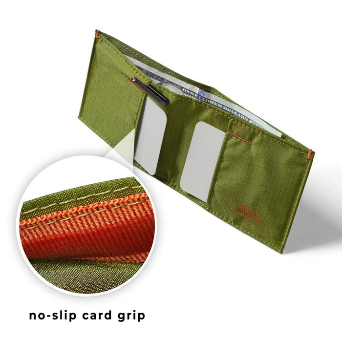 A close-up of the ALLETT Sport Wallet in Cala Green shows its green RFID-blocking ripstop nylon, visible stitching, and a white card partially tucked into one pocket.