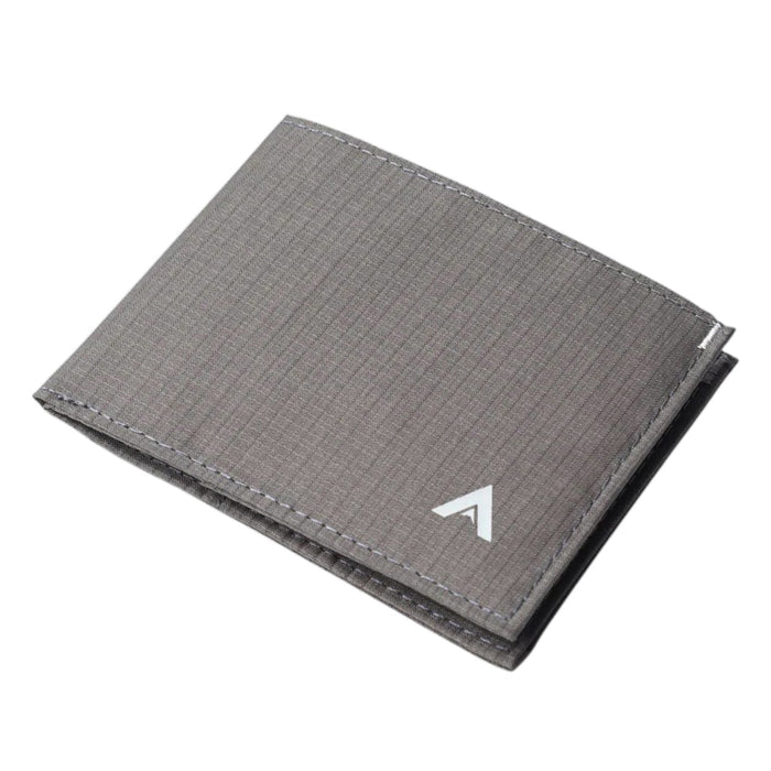 The ALLETT Sport Wallet in RFID-blocking charcoal grey nylon features subtle grid lines and a small white triangular logo on the lower right, shown closed on a white background.