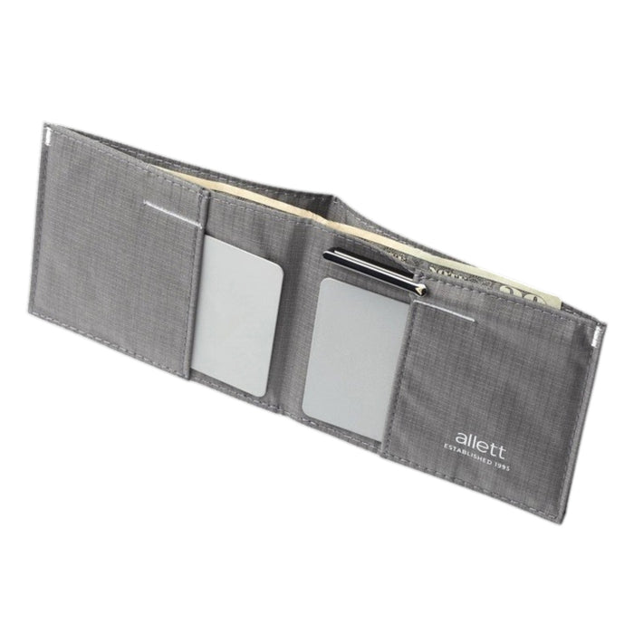 The ALLETT Sport Wallet in RFID-blocking charcoal grey nylon features subtle grid lines and a small white triangular logo on the lower right, shown closed on a white background.