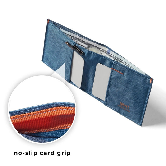 The ALLETT Sport Wallet in RFID-blocking indigo blue nylon features a minimalist design with an orange triangular logo on the corner, shown against a white background.