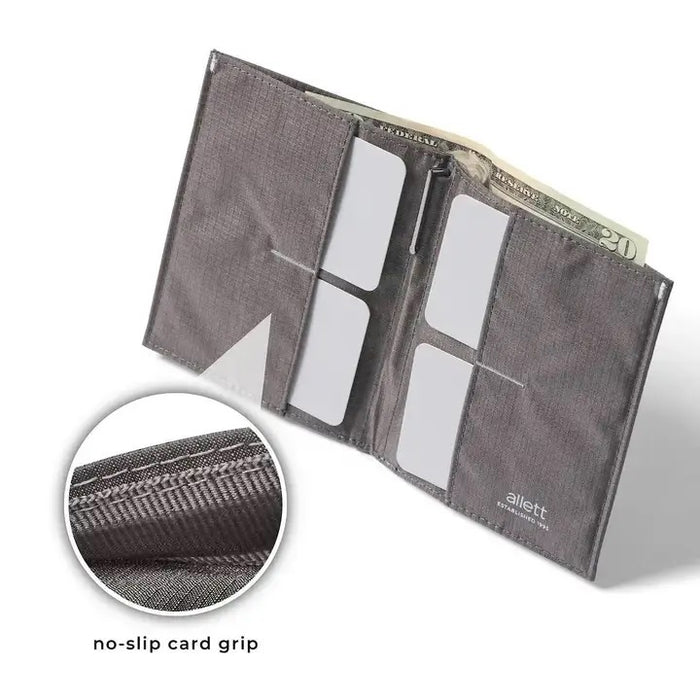 The ALLETT Original Wallet in RFID-blocking charcoal grey nylon features a minimalist design with a grid pattern and small white triangular logo, shown closed against a white background.