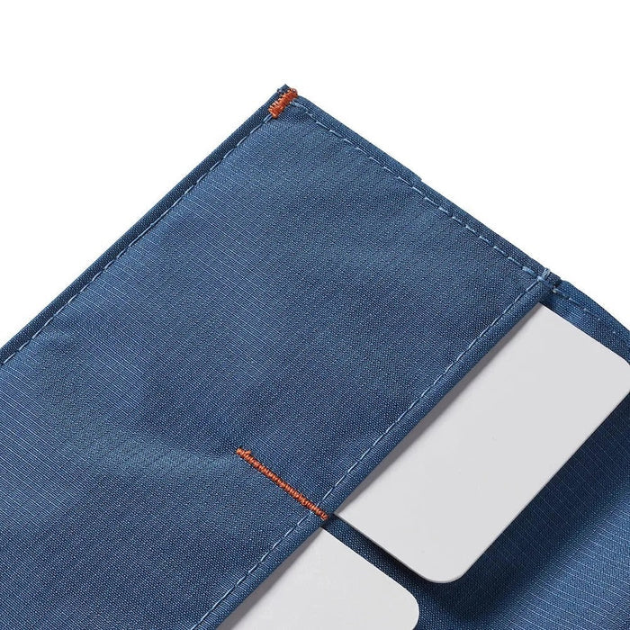 The ALLETT - THE ORIGINAL WALLET in RFID-blocking indigo blue nylon features four card slots, a cash pocket, and an orange no-slip card grip detail shown in a close-up inset. Text below reads "no-slip card grip.