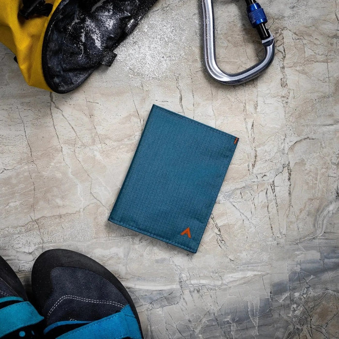 The ALLETT - THE ORIGINAL WALLET in RFID-blocking indigo blue nylon features four card slots, a cash pocket, and an orange no-slip card grip detail shown in a close-up inset. Text below reads "no-slip card grip.