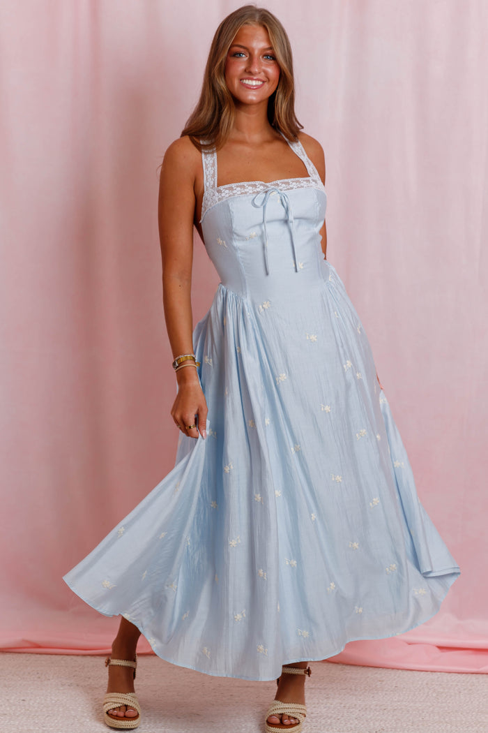 Powder Blue Floral Midi Dress- Women's Embroidered Lace Dress- Wedding Guest Dresses for Women