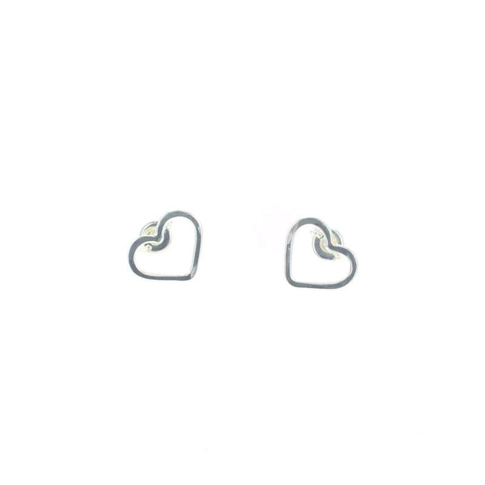 Silver heart-shaped stud earrings with curved outline and small inner detail