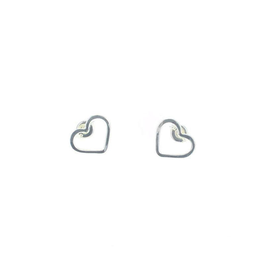 Silver heart-shaped stud earrings with curved outline and small inner detail