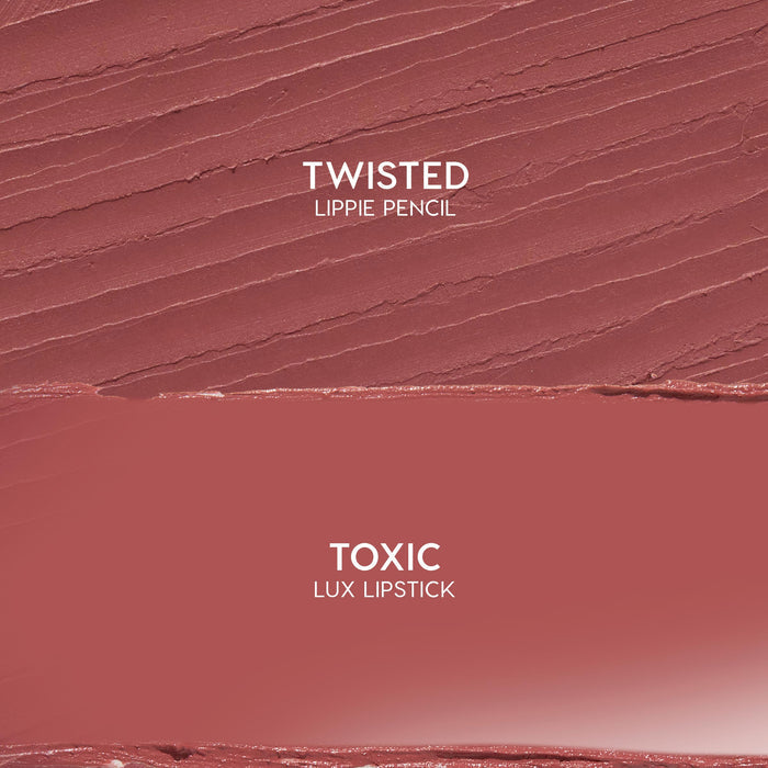 Anti-Hero kit swatch shows Twisted Lippie Pencil above Toxic ColourPop Lux Lipstick, both in rosy mauve; pencil features textured strokes while the lipstick is a smooth satin block - flat lay close-up previewing shade and finish.