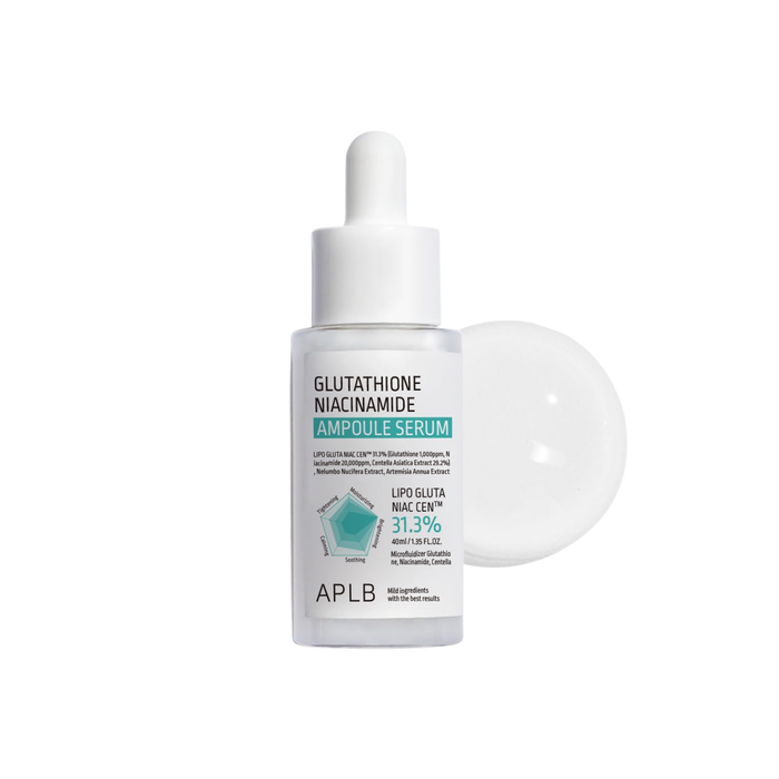APLB Glutathione Niacinamide Ampoule Serum is a highly effective brightening and hydrating serum, formulated with 2% Niacinamide and Glutathione to visibly reduce dark spots and even out skin tone for a radiant complexion. With 29.2% Centella Asiatica Extract, it soothes and calms the skin, while Hydrolyzed Collagen, Squalane, and Cholesterol work to improve elasticity and reinforce the skin barrier. This serum deeply moisturizes, leaving your skin smooth, plump, and revitalized. Ideal for all s