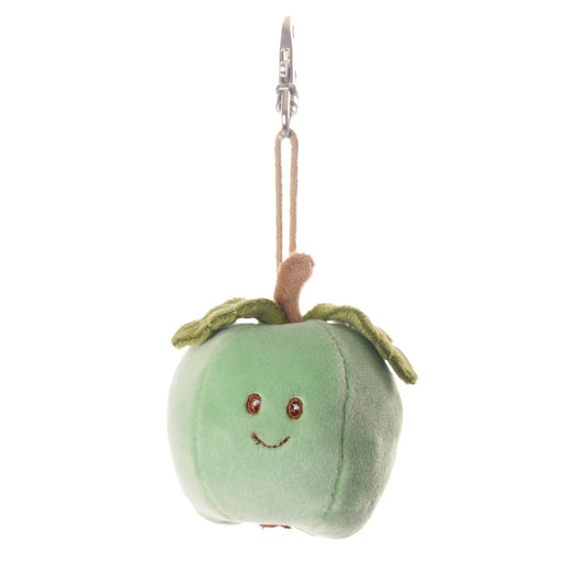Green plush apple keychain with smiling face, braided loop and metal hook