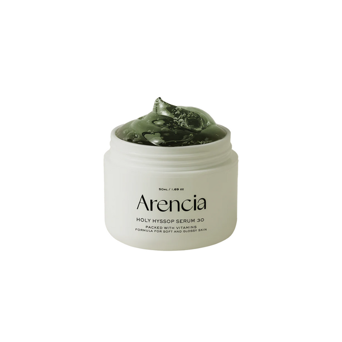 ARENCIA Holy Hyssop Serum 30 is a potent hydrating and brightening serum formulated to improve skin texture and radiance. With Niacinamide and Vitamin C derivatives, it effectively brightens the complexion and reduces the appearance of dark spots. Enriched with Hyssop Extract and multiple forms of Hyaluronic Acid, it delivers deep hydration, plumps the skin, and improves moisture retention. Ceramide NP and Glycosphingolipids strengthen the skin barrier, while Adenosine and Panthenol provide anti