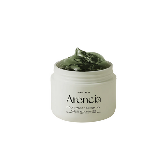 ARENCIA Holy Hyssop Serum 30 is a potent hydrating and brightening serum formulated to improve skin texture and radiance. With Niacinamide and Vitamin C derivatives, it effectively brightens the complexion and reduces the appearance of dark spots. Enriched with Hyssop Extract and multiple forms of Hyaluronic Acid, it delivers deep hydration, plumps the skin, and improves moisture retention. Ceramide NP and Glycosphingolipids strengthen the skin barrier, while Adenosine and Panthenol provide anti