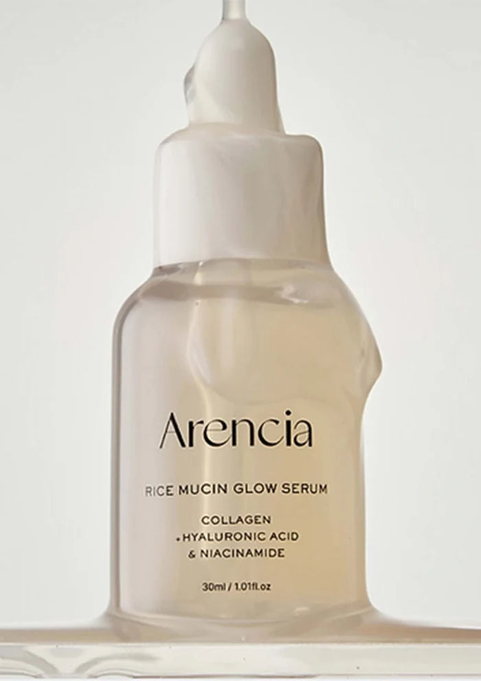 Arencia Rice Mucin Glow Serum bottle on a light background